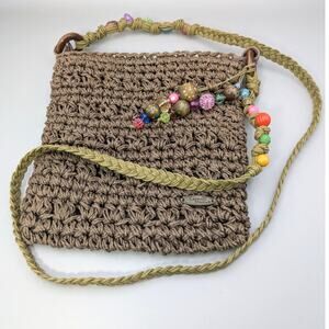 Cappelli Crochet Crossbody Bag Brown Beaded Straw Boho Summer Travel 8" x 8"